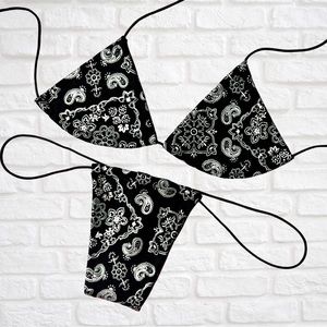 Black and Silver Paisley Bandana Print Black Exotic Dancewear Microkini
